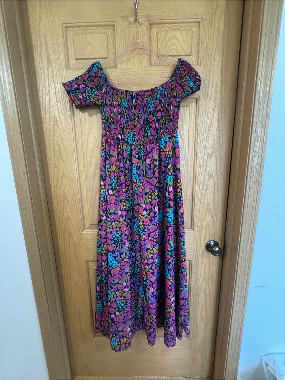 Smocked Multicolor Ditsy Floral Short-Sleeve Maxi Dress